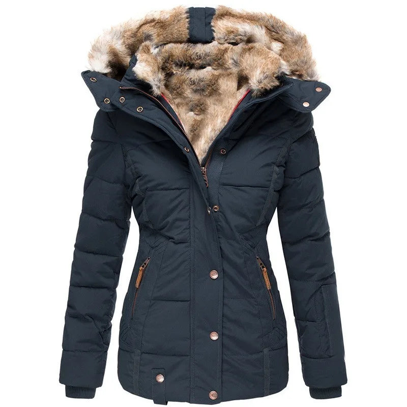 Mireda Damen Winterparka in Dunkelblau mit Kunstfellkragen