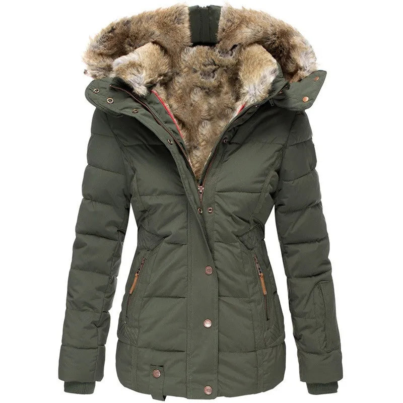 Mireda Damen Winterparka in Olivgrün mit Kunstfellkragen