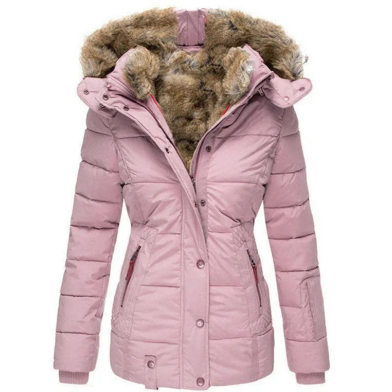 FrostLuxe Parka in Rosa – elegante Winterjacke mit Kunstfell
