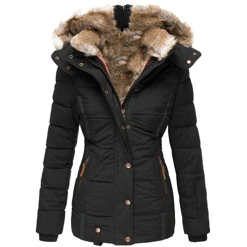Mireda Damen Winterparka in Schwarz mit Kunstfellkragen