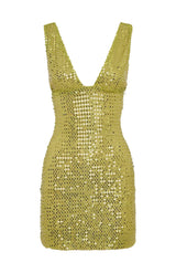 Aureline | Goldgrünes Pailletten-Minikleid mit Tiefem V-Ausschnitt